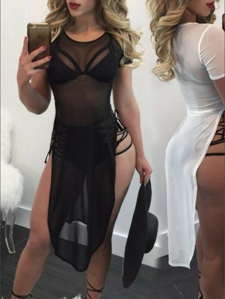 women crochet mesh see through bikini beachwear cover up beach dress summer bathing suit side split women's swimwear, White;black
women crochet mesh see through bikini beachwear cover up beach dress summer bathing suit side split women's swimwear, White;black