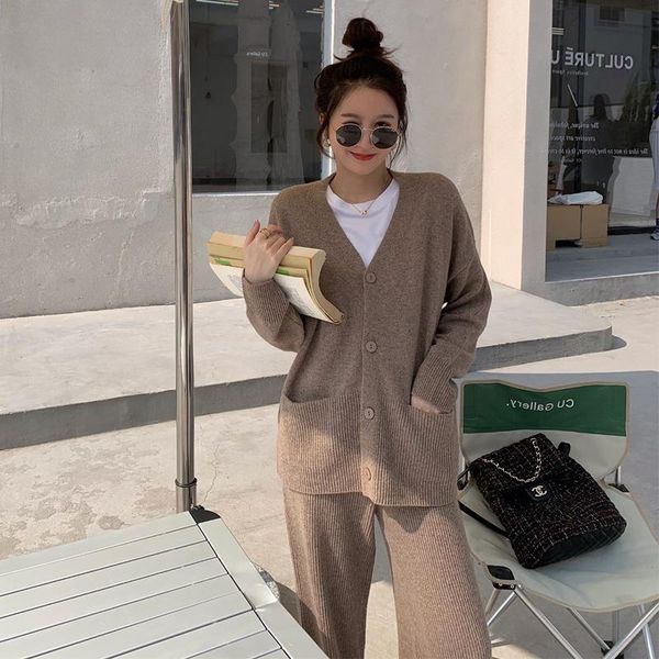 women's two piece pants autumn knitted suit v-neck single breasted sweater cardigan + wide leg casual loose set female, White
women's two piece pants autumn knitted suit v-neck single breasted sweater cardigan + wide leg casual loose set female, White