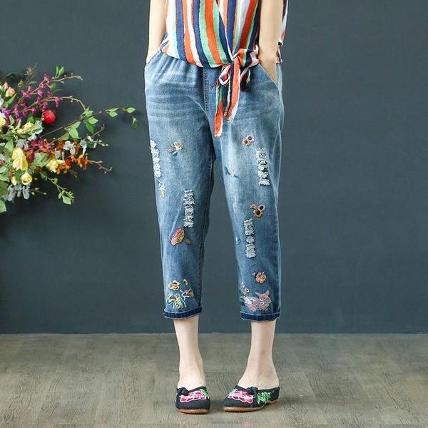 loose embroidered jeans for women elastic waist flower ladies harem denim pants hole ripped pantalon femme women's, Blue
loose embroidered jeans for women elastic waist flower ladies harem denim pants hole ripped pantalon femme women's, Blue