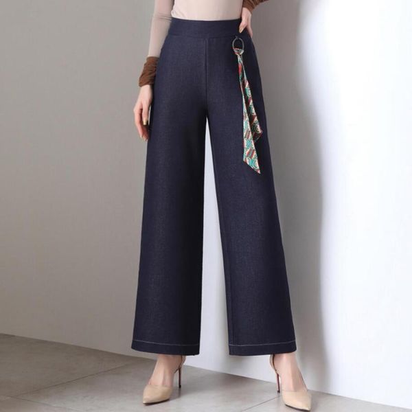 women denim wide-leg pants lady half elastic waist loose jeans ankle-length with colorful belt women's, Blue
women denim wide-leg pants lady half elastic waist loose jeans ankle-length with colorful belt women's, Blue
