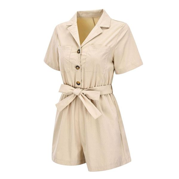 women's shorts women turn-down collar overalls with waistband, solid color short sleeve bodysuit, khaki/ black/ army green, White;black
women's shorts women turn-down collar overalls with waistband, solid color short sleeve bodysuit, khaki/ black/ army green, White;black