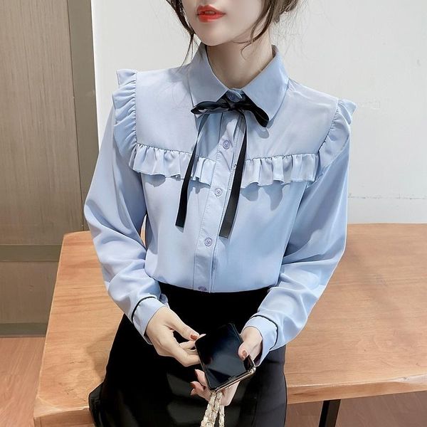 women's t-shirt design sense 2021 autumn ruffled stitching bow lace-up long sleeve shirt for women, White
women's t-shirt design sense 2021 autumn ruffled stitching bow lace-up long sleeve shirt for women, White