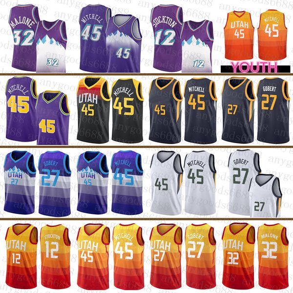 Utahs Jazzs Mens Basketball Jersey Donovan 45 Mitchell Youth Rudy 27 Gobert S-2XL John 12 Stockton Karl 32 Malone Black