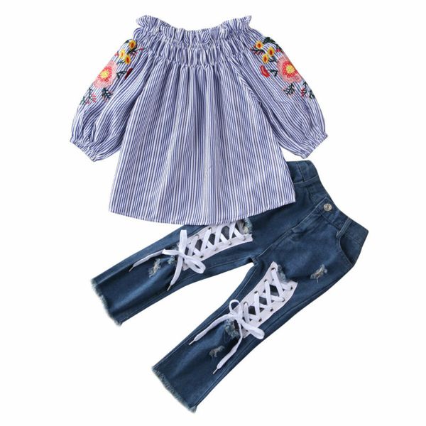 3-8year toddler kids baby girls clothes embroidered off shoulder + hole trousers jeans 2pcs clothes sets, White
3-8year toddler kids baby girls clothes embroidered off shoulder + hole trousers jeans 2pcs clothes sets, White