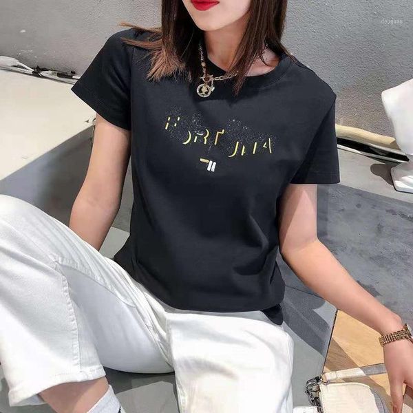 women's t-shirt f letter inlaid diamond printed silk soft cotton slim short sleeve korean fashion brand embroidered elastic half, White
women's t-shirt f letter inlaid diamond printed silk soft cotton slim short sleeve korean fashion brand embroidered elastic half, White