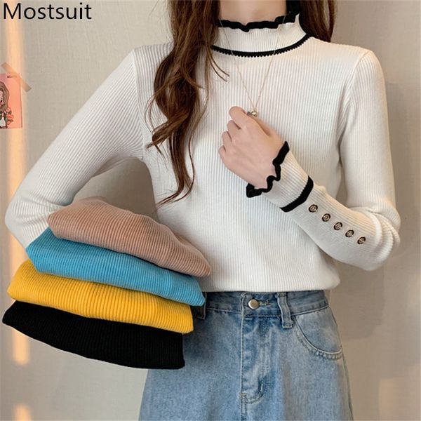 solid basic slim knitted women pullover sweater full sleeve mock neck buttons casual fashion ladies jumpers 210514, White;black 
solid basic slim knitted women pullover sweater full sleeve mock neck buttons casual fashion ladies jumpers 210514, White;black