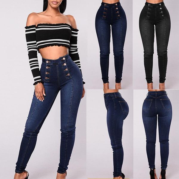 women's jeans high waist skinny women double breasted bulifting lady denim pants classic retro high-waist pencil for, Blue
women's jeans high waist skinny women double breasted bulifting lady denim pants classic retro high-waist pencil for, Blue