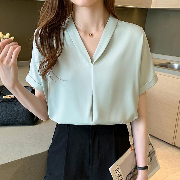 women's blouses & shirts green blusa feminina clothing 2021 summer satin shirt v-neck simple fashion loose slim short sleeve for women, White
women's blouses & shirts green blusa feminina clothing 2021 summer satin shirt v-neck simple fashion loose slim short sleeve for women, White