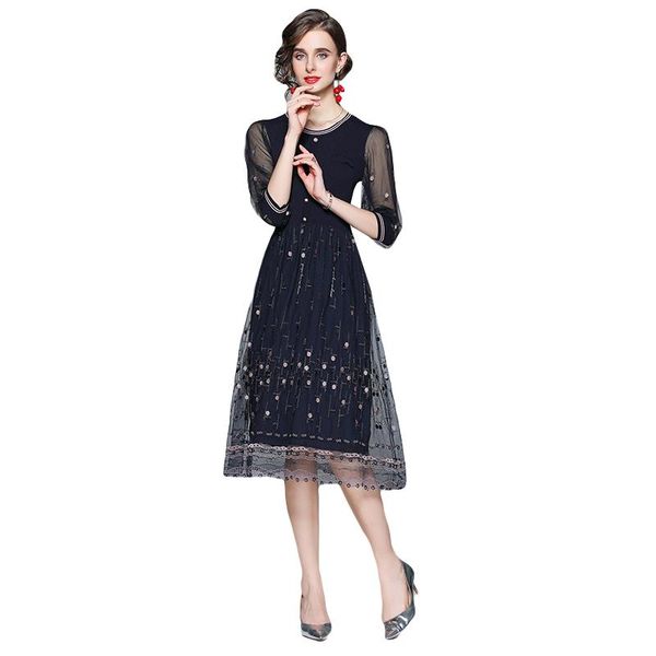 

casual dresses runway summer midi dress women half sleeve gorgeous mesh flower embroidery knit patchwork a line elegant party k9977, Black;gray