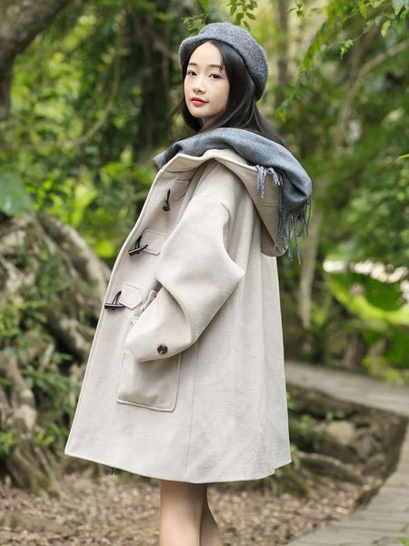 women's wool & blends cloak hair coat female autumn and winter long students small horn buckle thick clip cotton nizi temperament, Black
women's wool & blends cloak hair coat female autumn and winter long students small horn buckle thick clip cotton nizi temperament, Black