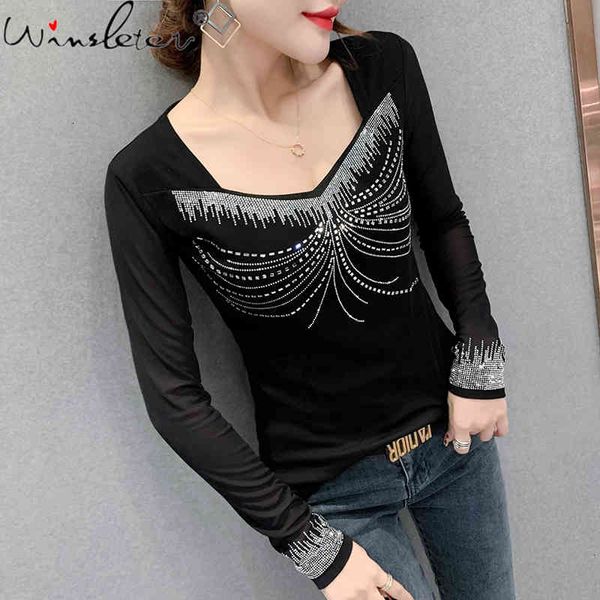 women's t-shirt spring fall european style girls chic v-neck shiny diamonds long sleeve mesh women cotton tees 2021 t112, White
women's t-shirt spring fall european style girls chic v-neck shiny diamonds long sleeve mesh women cotton tees 2021 t112, White