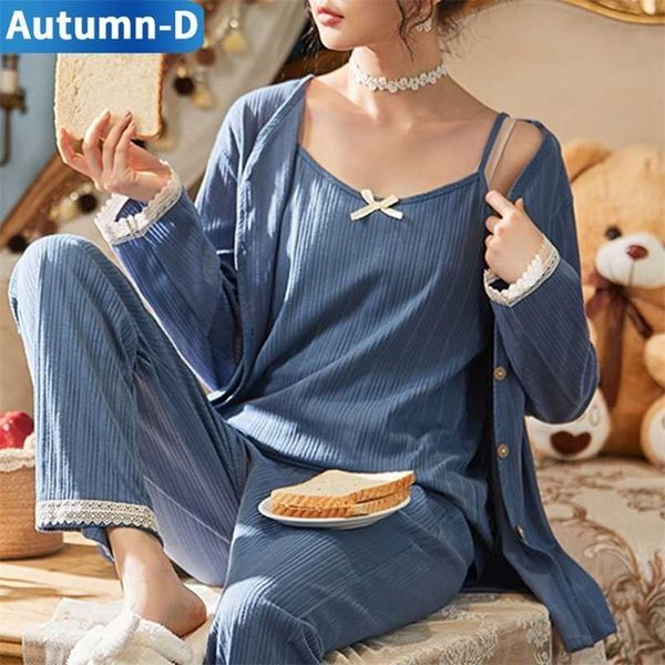 women pajama sets lace nightgowns female sleepwear plus size pijama trouser suits 3pcs cotton night wear soild home clothes 211106, Black;red
women pajama sets lace nightgowns female sleepwear plus size pijama trouser suits 3pcs cotton night wear soild home clothes 211106, Black;red
