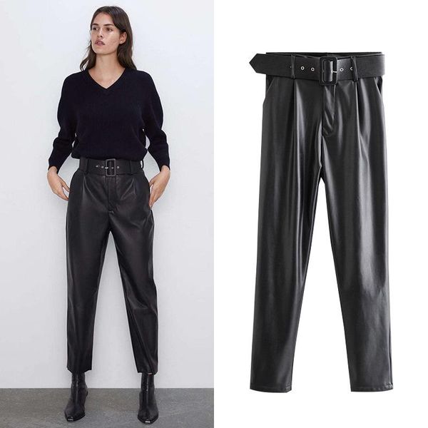 women's pants & capris spring autumn black high waist waistband hming-style za women 2021 sheining vadiming pu leather trousers, Black;white
women's pants & capris spring autumn black high waist waistband hming-style za women 2021 sheining vadiming pu leather trousers, Black;white