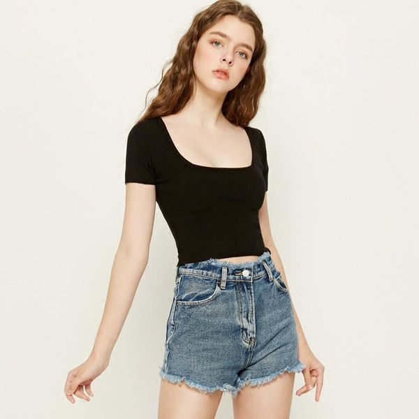 square neck knitted short sleeve korean slim pullover thin t-shirt women's black stretch summer c7kg, White
square neck knitted short sleeve korean slim pullover thin t-shirt women's black stretch summer c7kg, White