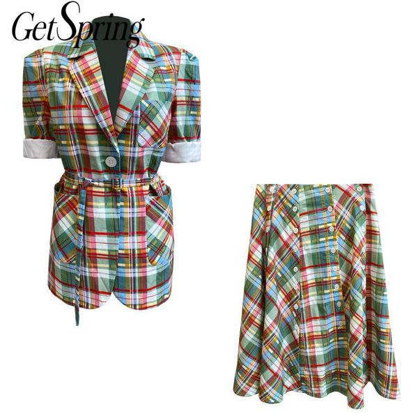 two piece dress getspring women skirt suits short sleeve blazer and set fashionable rainbow plaid autumn 2021, White
two piece dress getspring women skirt suits short sleeve blazer and set fashionable rainbow plaid autumn 2021, White