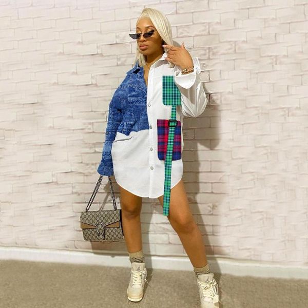 women's blouses & shirts 2021 fashion design plaid contrast color long shirt lapel full loose denim elements woman streetwear personali, White
women's blouses & shirts 2021 fashion design plaid contrast color long shirt lapel full loose denim elements woman streetwear personali, White