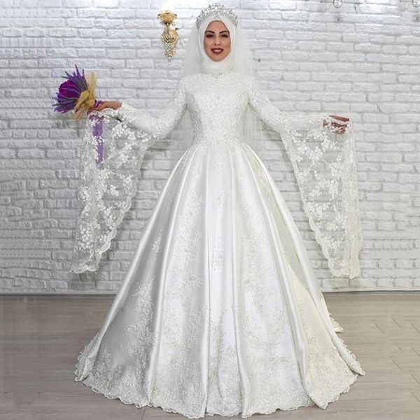 

high neck long sleeves muslim lace ball gown wedding dresses with pearls sweep train corset back arabic satin bridal gowns, White