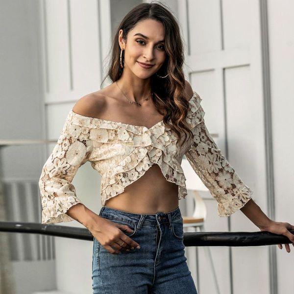 women's t-shirt summer fashion lotus sleeve lace shirt pure color flowers pattern slim hook flower hollowe women, White
women's t-shirt summer fashion lotus sleeve lace shirt pure color flowers pattern slim hook flower hollowe women, White