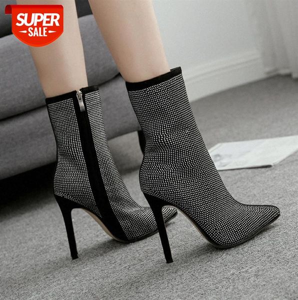 large size women's shoes 42 european and american short boots rhinestone pointed toe fine super high heels #rj6a, Black 
large size women's shoes 42 european and american short boots rhinestone pointed toe fine super high heels #rj6a, Black