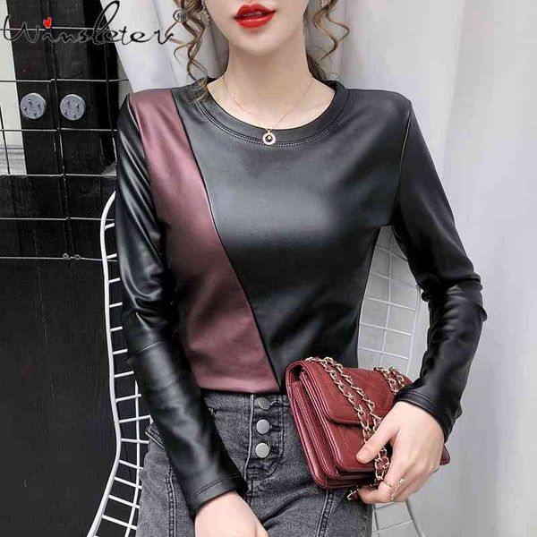 women's t-shirt fall winter european clothes thick women pu faux leather with fleece girl color block tees t0n404a 7fk8, White
women's t-shirt fall winter european clothes thick women pu faux leather with fleece girl color block tees t0n404a 7fk8, White