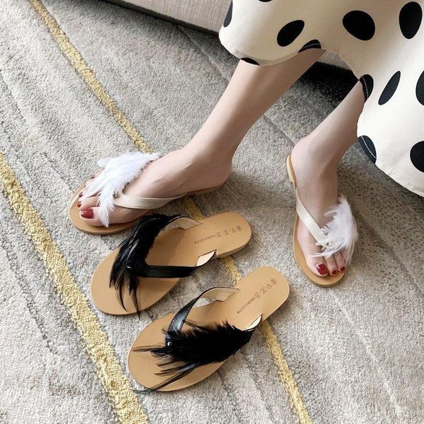feather slippers women's summer korean hairy fairy style flat bottom flip flop, Black
feather slippers women's summer korean hairy fairy style flat bottom flip flop, Black