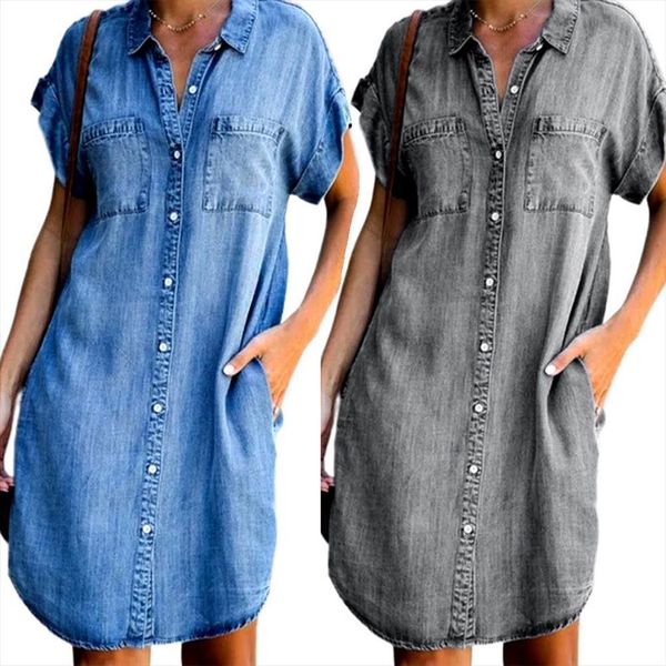 summer fashion solid turn down womens dresses neck blue jeans denim shirt dress short sleeve pockets single breasted jean, Black;gray 
summer fashion solid turn down womens dresses neck blue jeans denim shirt dress short sleeve pockets single breasted jean, Black;gray