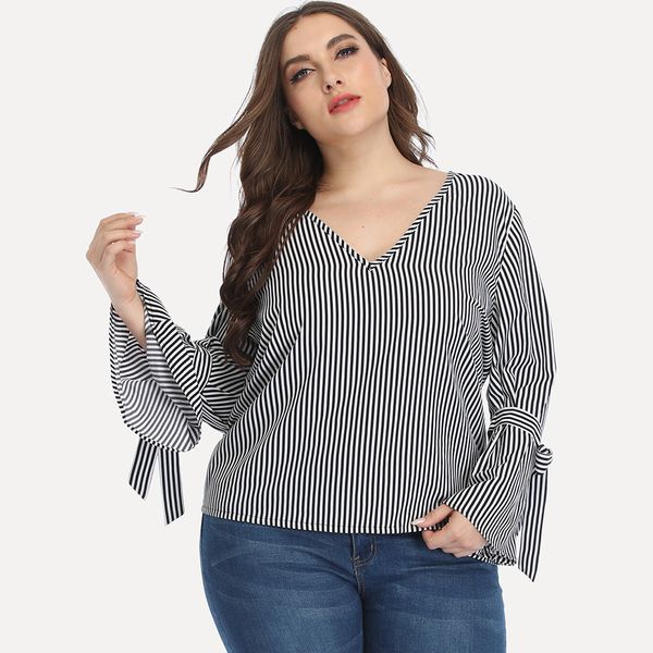 women's plus size hy365084# stripe v-ne long sleeve t-shirt loose large wear