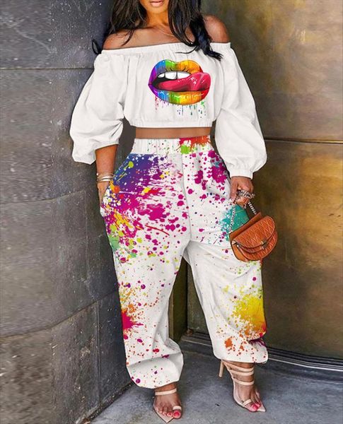 two piece set womens pants off shoulder lip print lantern sleeve crop amp ink splash flare outfits, White
two piece set womens pants off shoulder lip print lantern sleeve crop amp ink splash flare outfits, White
