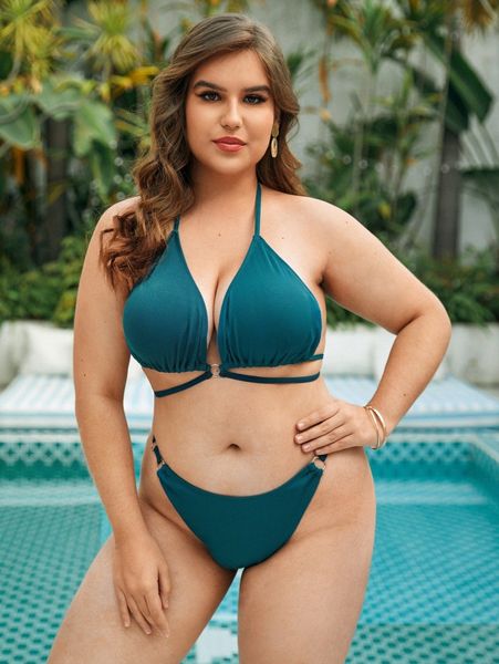 plus plain halter triangle bikini swimsuit x19o#, Black
plus plain halter triangle bikini swimsuit x19o#, Black