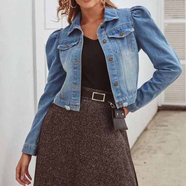 women's jackets spring jacket puff sleeve court style slim denim 2021, Black;brown 
women's jackets spring jacket puff sleeve court style slim denim 2021, Black;brown