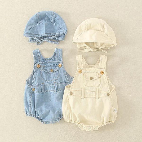 summer baby boys and girls light-colored denim bodysuit with hat two-piece strap triangle climbing clothes rompers, Blue
summer baby boys and girls light-colored denim bodysuit with hat two-piece strap triangle climbing clothes rompers, Blue