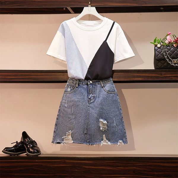 plus size tracksuits women patchwork cotton t-shirts + jeans skirt 2 piece set casual clothing 2021 summer a-line denim skirts suits, Black
plus size tracksuits women patchwork cotton t-shirts + jeans skirt 2 piece set casual clothing 2021 summer a-line denim skirts suits, Black