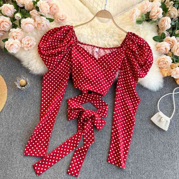 street fashion polka dot print v-neck full puff sleeve lace up waist short blouse women 210421, White
street fashion polka dot print v-neck full puff sleeve lace up waist short blouse women 210421, White