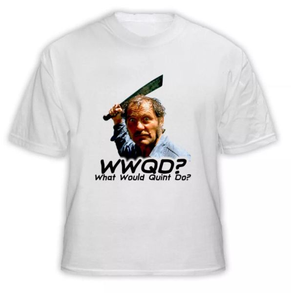 wwqd what would quint do jaws movie t shirt, White;black 
wwqd what would quint do jaws movie t shirt, White;black