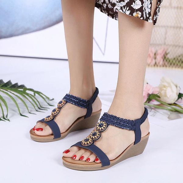women sandals wooden bead water drill bohemia pu wedges shoes for solid color breathable summer sandal, Black 
women sandals wooden bead water drill bohemia pu wedges shoes for solid color breathable summer sandal, Black