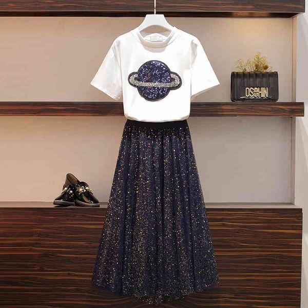 summer suit plus size female short sleeve planet t-shirt + gilding sequins mesh skirt track set 2 piece assembly vy96, Black
summer suit plus size female short sleeve planet t-shirt + gilding sequins mesh skirt track set 2 piece assembly vy96, Black