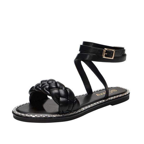 fashionable two - wear knit strap sandals with flat heels for women, Black