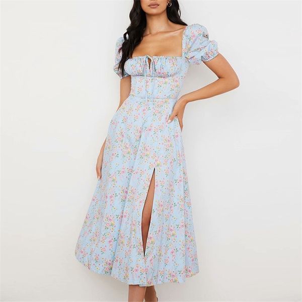 women summer vintage dresses short sleeve floral print bow tie split fork female elegant a-line street clothing 210513, Black;gray
women summer vintage dresses short sleeve floral print bow tie split fork female elegant a-line street clothing 210513, Black;gray