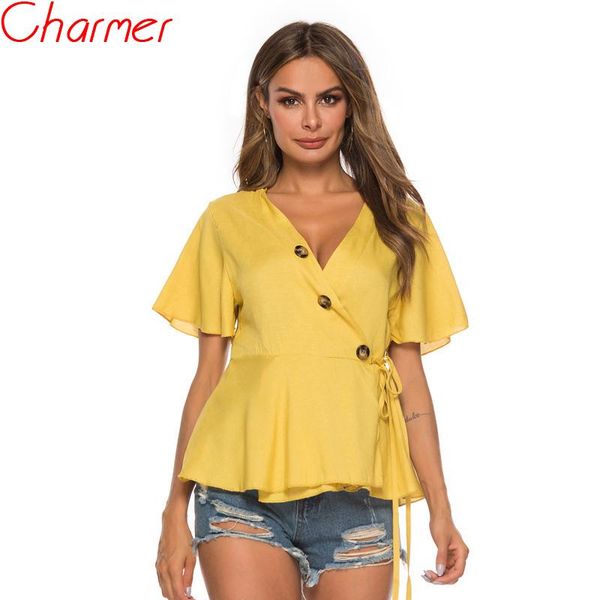 women summer blouse fashion yellow vintage wrap v neck button front tie waist butterfly sleeve solid shirts women's blouses &, White
women summer blouse fashion yellow vintage wrap v neck button front tie waist butterfly sleeve solid shirts women's blouses &, White