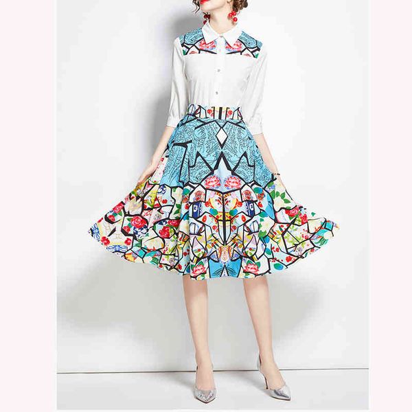 women turn-down collar half sleeve shirt & high waist geometric floral print skirt fashion two-piece set t3031 210514, White
women turn-down collar half sleeve shirt & high waist geometric floral print skirt fashion two-piece set t3031 210514, White