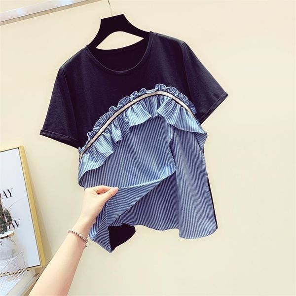 summer women's o neck short sleeves stripe ruffles patchwork t-shirt tee girls pullover casual tees a2623 210428, White
summer women's o neck short sleeves stripe ruffles patchwork t-shirt tee girls pullover casual tees a2623 210428, White