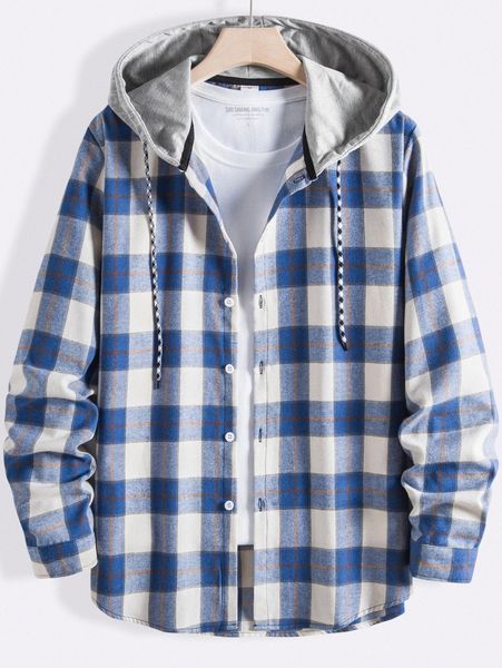 men plaid drawstring hooded shirt f5ie#, White;black