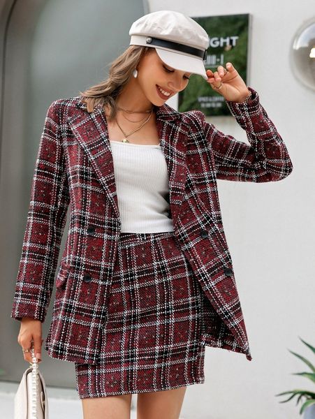 simplee double breasted plaid tweed overcoat d4w4#, Black
simplee double breasted plaid tweed overcoat d4w4#, Black