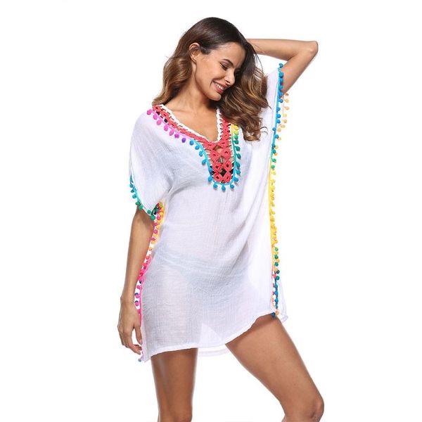 womens half sleeves bathing suit bikini cover ups deep v-neck hollow out crochet rainbow pom tassel side split swimsuit women's swimwea, White;black
womens half sleeves bathing suit bikini cover ups deep v-neck hollow out crochet rainbow pom tassel side split swimsuit women's swimwea, White;black