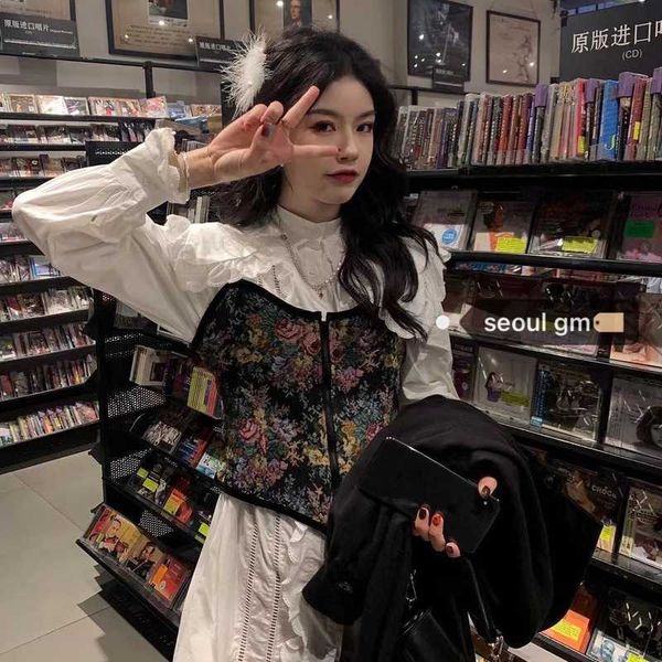 korean fashion jacquard camisole vintage white puff long sleeve peter pan collar shirts dress loose matching sets 210610
korean fashion jacquard camisole vintage white puff long sleeve peter pan collar shirts dress loose matching sets 210610