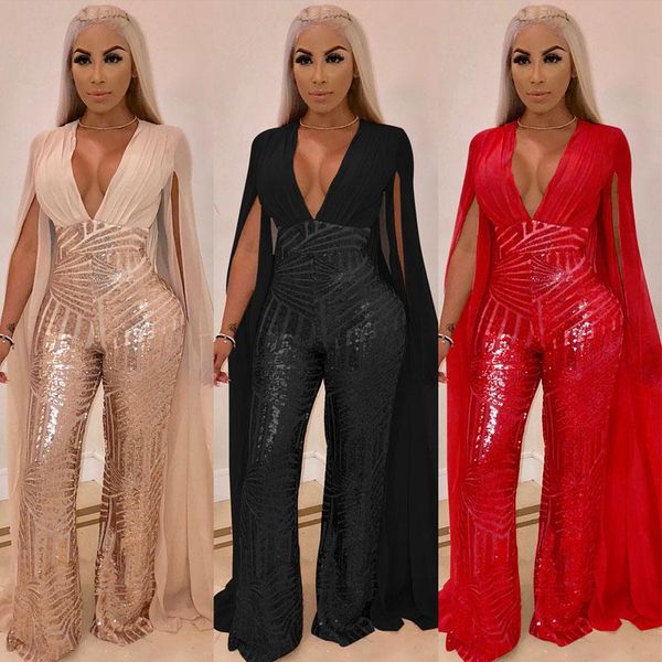 women's jumpsuits & rompers sparkly sequins overalls for women split long cloak sleeve elegant v neck wide leg jumpsuit plus size, Black;white 
women's jumpsuits & rompers sparkly sequins overalls for women split long cloak sleeve elegant v neck wide leg jumpsuit plus size, Black;white