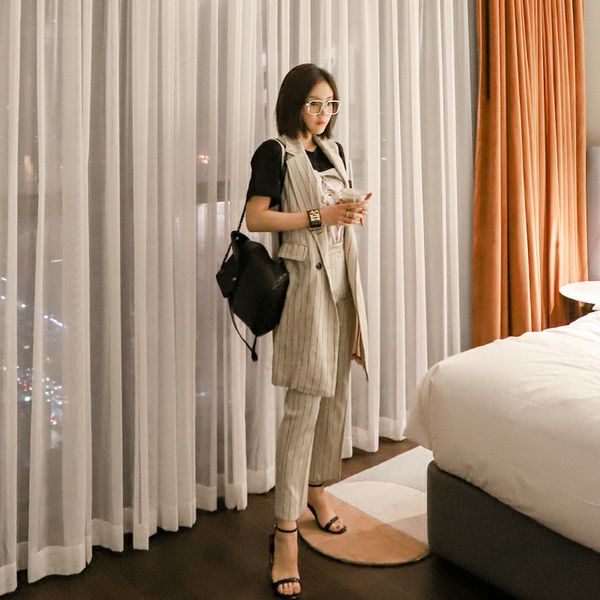 dress Striped mode jacket arrival elegant long pants 2 quality pieces Wild work style female set, Black;gray
dress Striped mode jacket arrival elegant long pants 2 quality pieces Wild work style female set, Black;gray