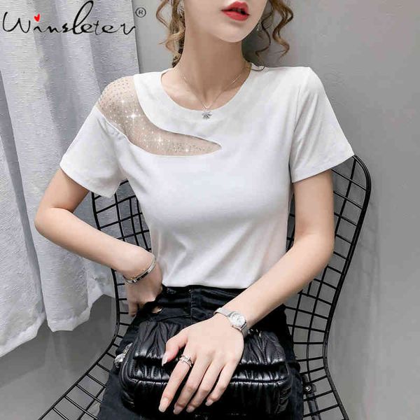 women's t-shirt summer korean style t-shirt fashion o-neck patchwork mesh diamonds women short sleeve ropa mujer casual, White
women's t-shirt summer korean style t-shirt fashion o-neck patchwork mesh diamonds women short sleeve ropa mujer casual, White