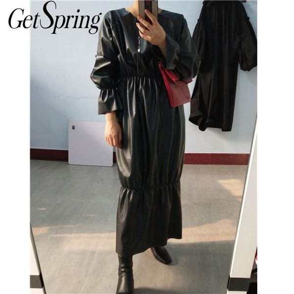 getspring women dress flare sleeve pu leather vintage dresses long black white fashion 210601, Black;gray
getspring women dress flare sleeve pu leather vintage dresses long black white fashion 210601, Black;gray