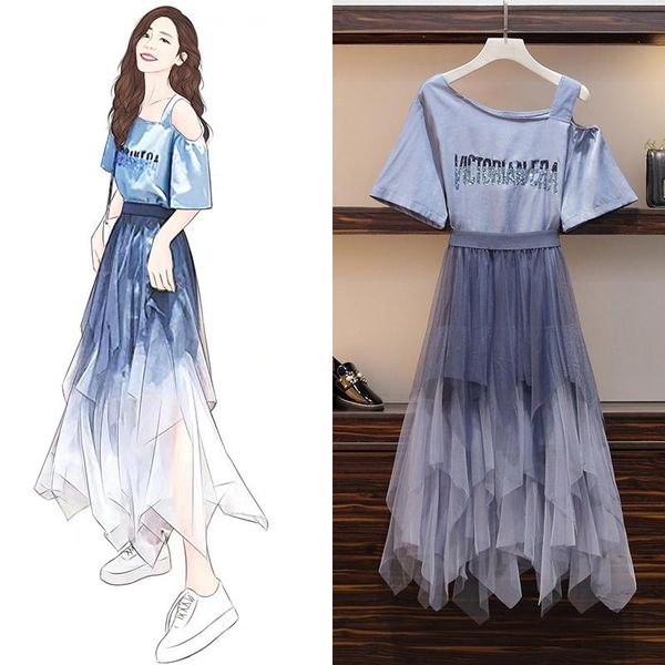 summer 2 piece set women off-the-shoulder sequins t-shirt dress + irregular long mesh skirt two plus size 5xl suit, White
summer 2 piece set women off-the-shoulder sequins t-shirt dress + irregular long mesh skirt two plus size 5xl suit, White